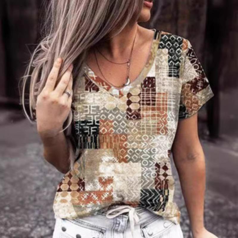 Summer V-neck Ethnic Style Retro 3D Printed Top Fashionable Casual Short Sleeved Women's T-shirts