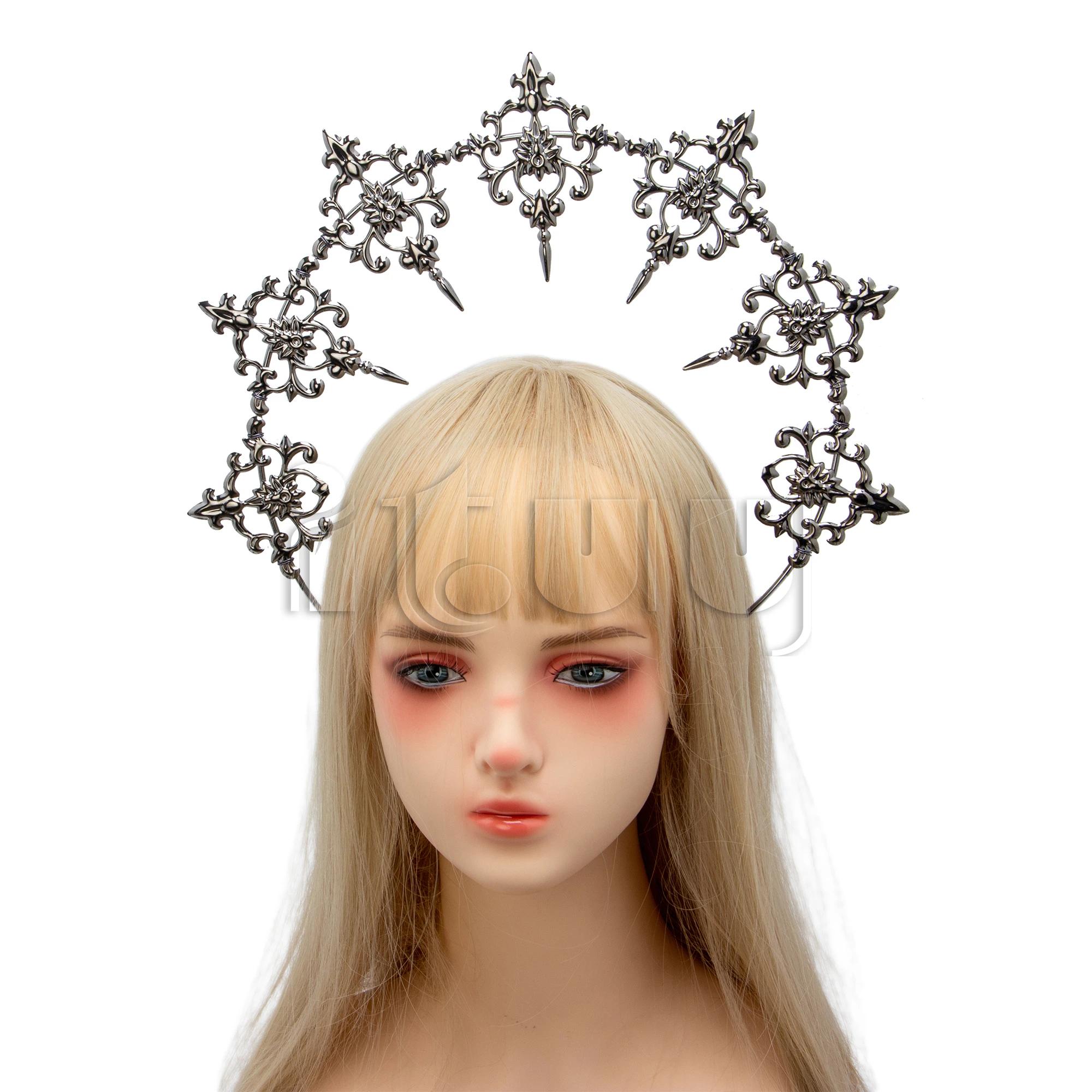 

Mary Halo Crown Baroque Saint Headdress Stars Goddess Tiara and Crown for Women Boho Wedding Headpiece Costume Hair Accessories сірий колір