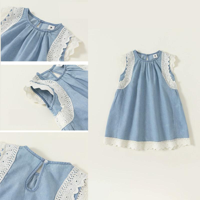 Simple Solid Color Lace Design Children Sleeveless Dress For Kids Girls Ages 3 To 8
