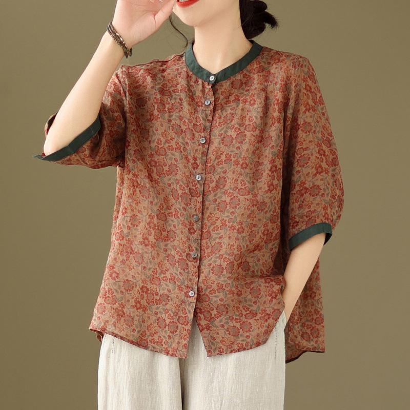 2026 Korean-Style Plus Size Slimming Retro Print Cotton-Linen Two-Piece Summer Set for Women