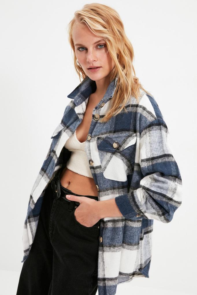 Women's Fashion Black Plaid Oversize Wide Fit Woven Jacket Shirt