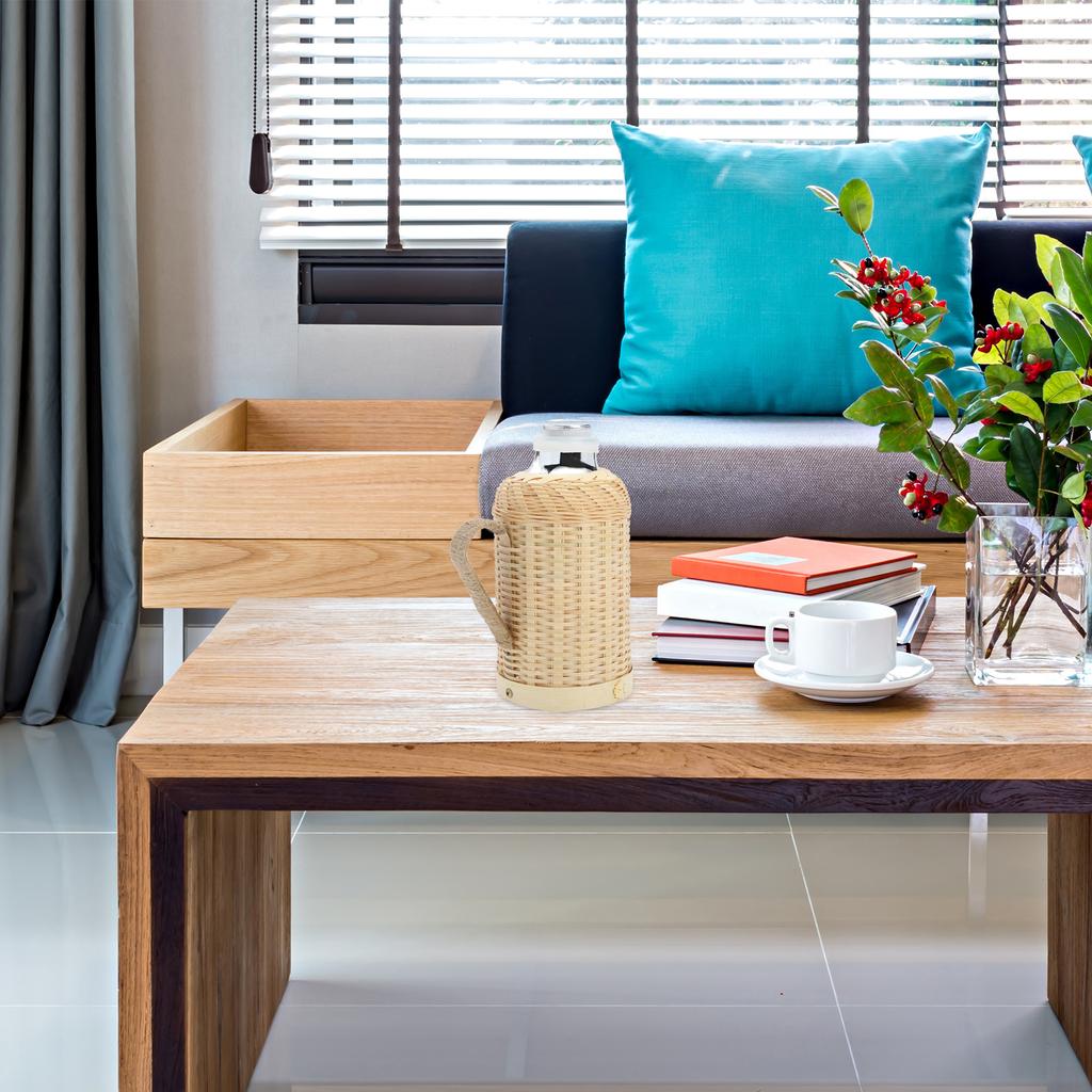 1pcs Bamboo Woven Cover Glass Kettle Retro Thermal Bottle Heat Preserving Water Dispenser For Home Office Use Hand-Made