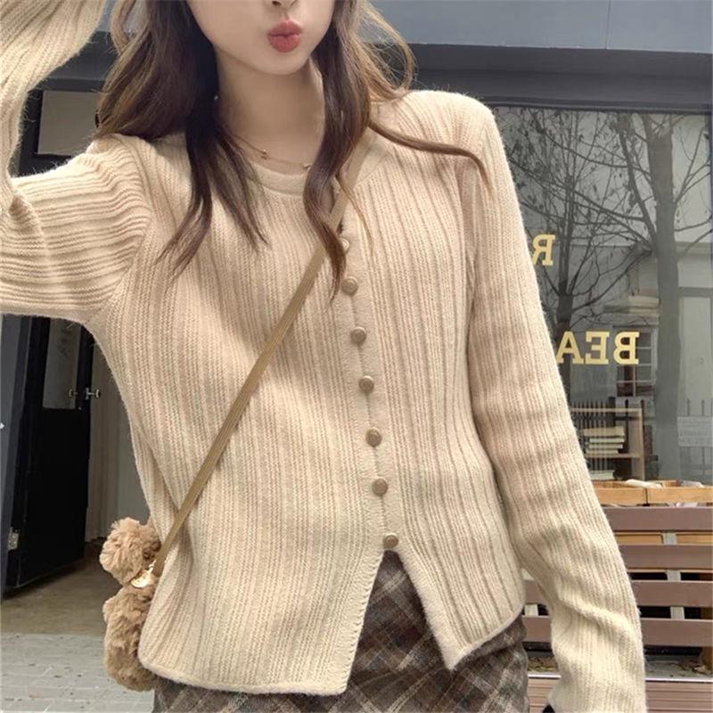 Korean Style Slimming Buttoned Sweater Undershirt for Women - Knitted, Long Sleeve, Versatile, Casual Slit Design