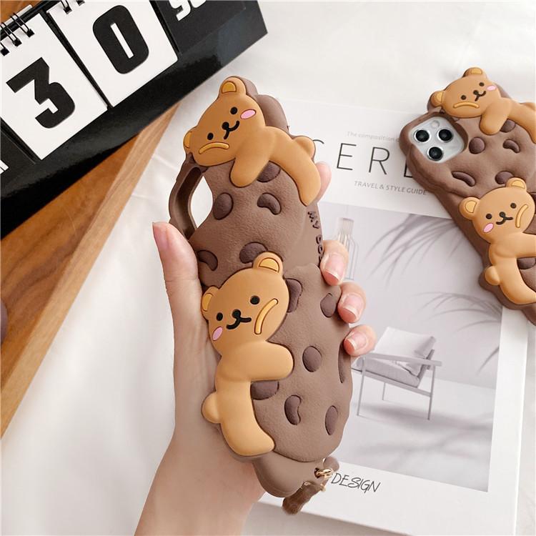 Cute Cartoon Cookie Bear Lanyard Phone Case For iPhone 17 16 15 14 Plus 13 12 11 Pro Max Shockproof Protective Cover