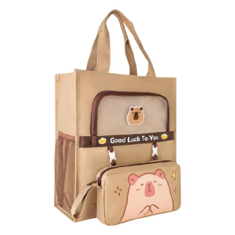 

Canvas Bag Detachable Pen Case Girls Cartoon Print Books Bag with Side Pockets Top Handle Bag for Students