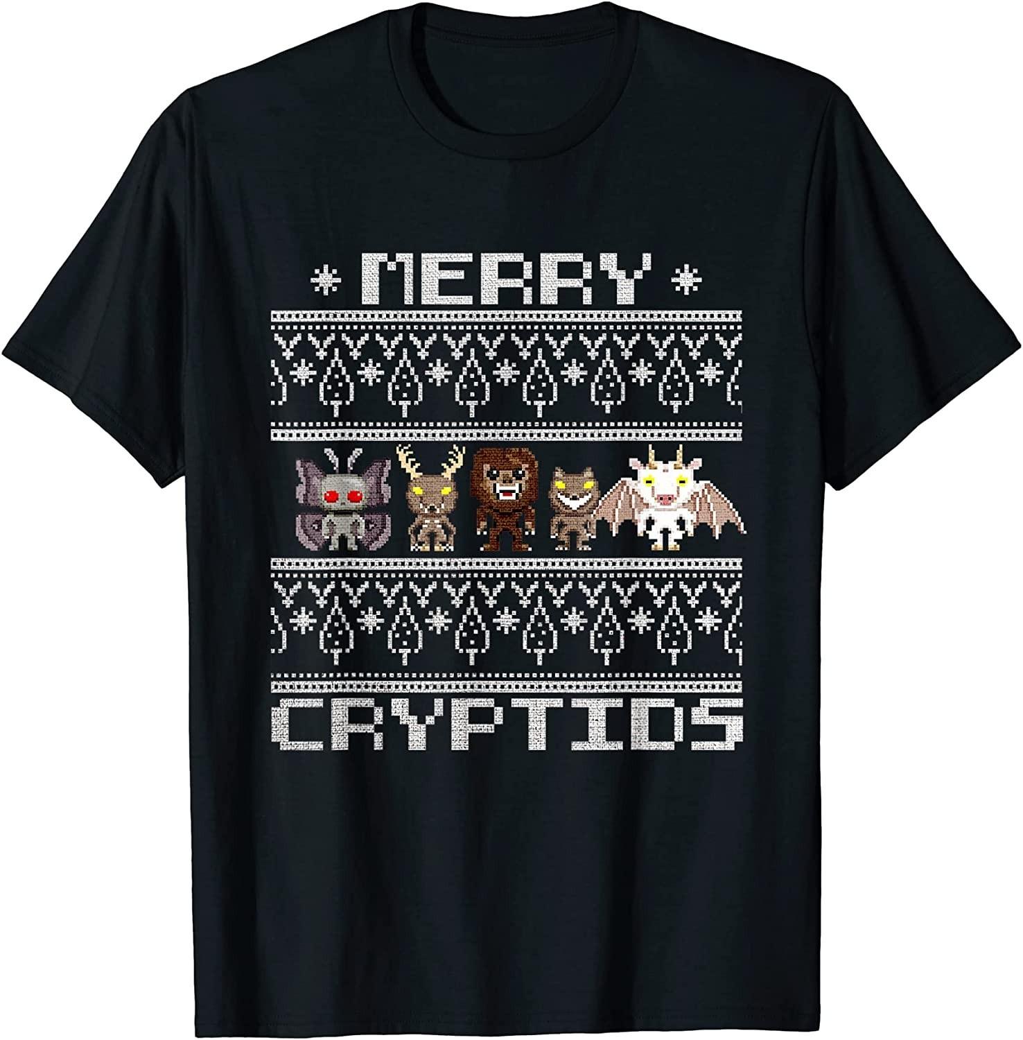 BEST! Merry Cryptids - Ugly Christmas Bigfoot, Mothman, Wendigo Tee S-3XL XXXL