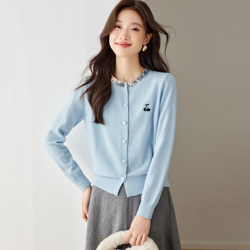 Srcr Cardigan Court en Laine Mérinos 100% pour Femme Brodé de Paillettes