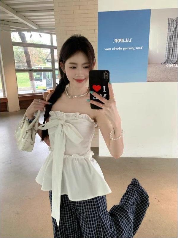 White Ruffled Bow Tie Strap Bandeau Top - Chic Slimming Waist-Cinched Summer Style for Women