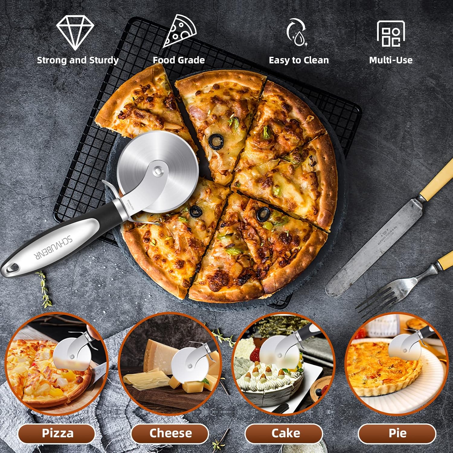 SCHVUBENR Premium Pizza Cutter Wheel - Ultra Sharp Stainless Steel Pizza Slicer with Non-Slip Soft Grip Handle - Multi-Purpose Cutter for Pizza,
