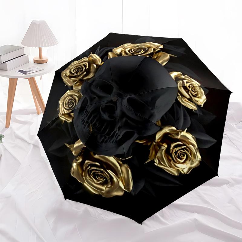 1PC Skull Roses Automatic Open/close Umbrella with 8-Rib Structure for Women/Men, All-Season Use - Travel Essential, Stylish Accessory, Highquality Fa