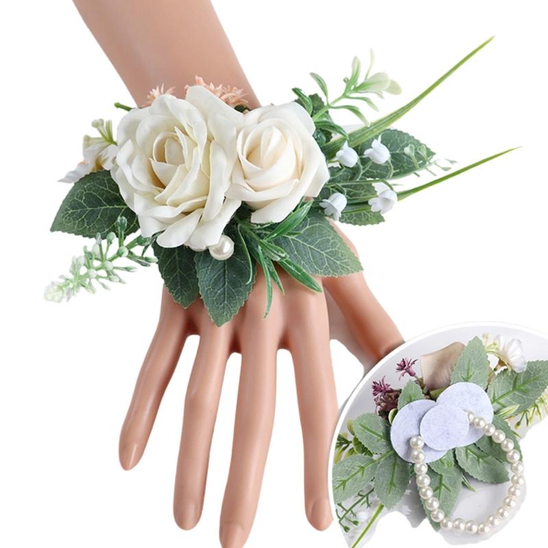 Handmade Flower Wristbands Wrist Flower Realistic Rose Boutonniere for Bridesmaid and Event Decoration Optional Color