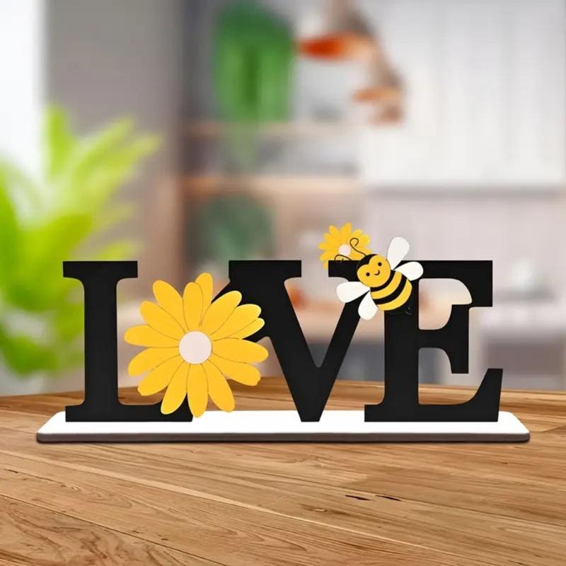 Farmhouses Wooden Love Letter Sign with Sunflowers and Bees Accent for Home or Office Spring Summer Tabletop Decors