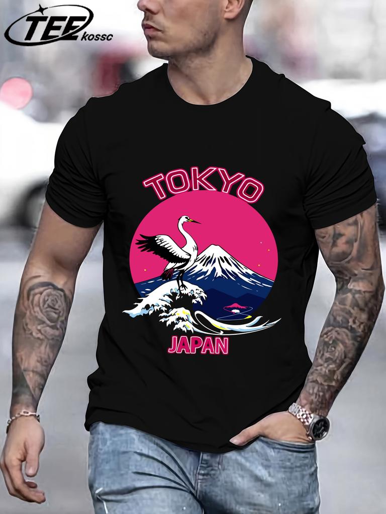 Tokyo Japan Mountain Wave Crane T Shirts Men AllMatch Cotton Basics TShirt Soft Summer Short Sleeve ONeck Loose Casual Top