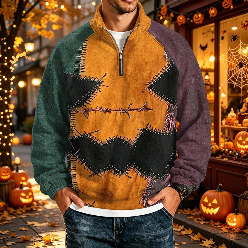 Men's Loose Fit Raglan Sleeve Sweatshirt with Stand Collar and Halloween Print for Parties and Daily Wear