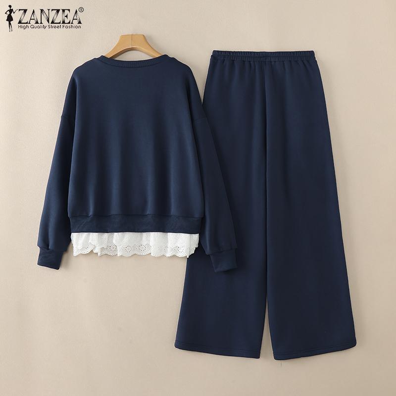 ZANZEA Womens Casual Pullover and Pants Loose Two Piece Suit Sets