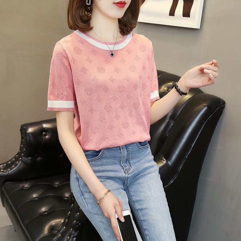 

Summer new design ice silk knitted short-sleeved color matching round neck loose T-shirt contrasting color foreign style top thin bottoming shirt S розовый