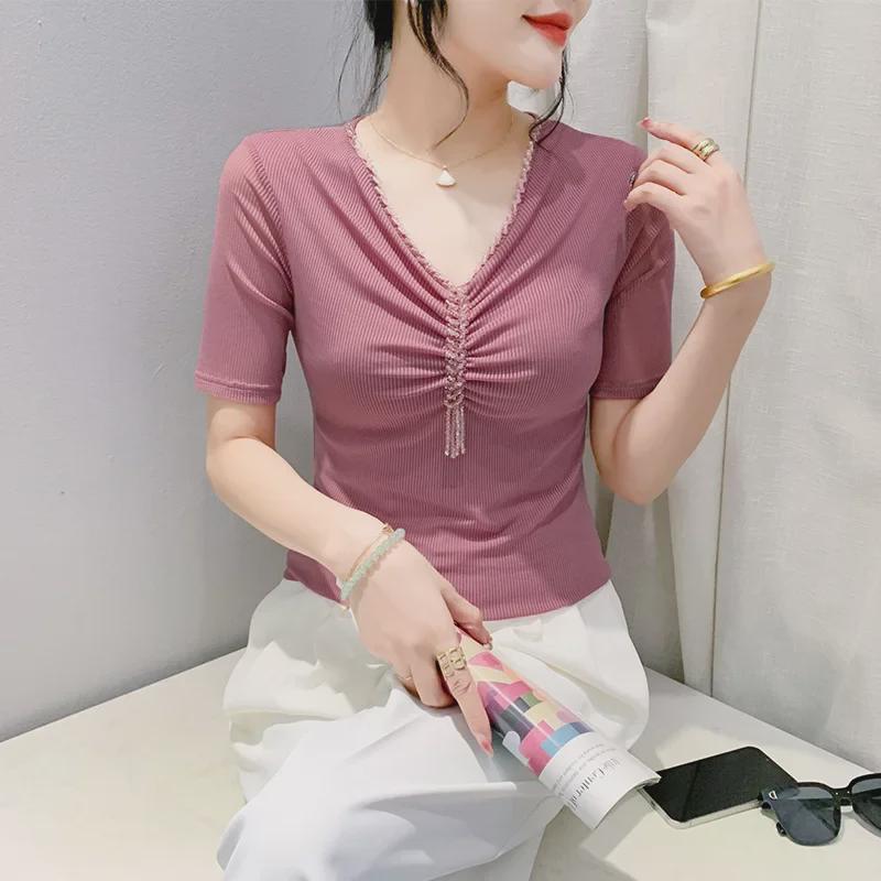 Damen Europäischer Stil Perlen V-Ausschnitt Mesh T-Shirt - Kurzarm, Vielseitig, Modische Sommerbluse