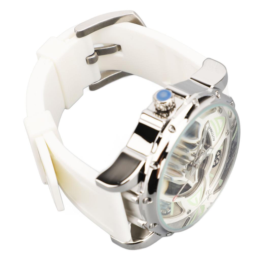 Automatic Mechanical Watch Four Leaf Clover Pattern Double Skeleton Dial 30M Water Resistance Luminous Silicone Strap