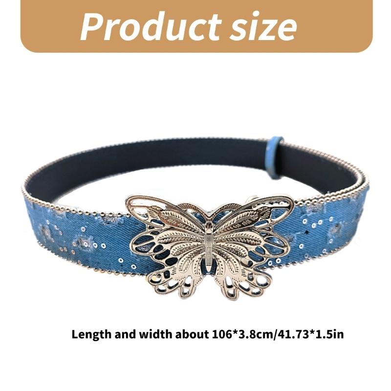 Distressed Butterfly Buckle Belt for Adult Fashion Bead Trim Sequined Waistband Jeans Belt Teens Girl Waist Accessories