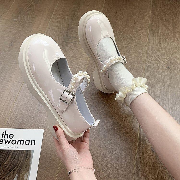 

French retro British style small leather shoes female summer new pearl fairy word with platform Mary Jane single shoes 40