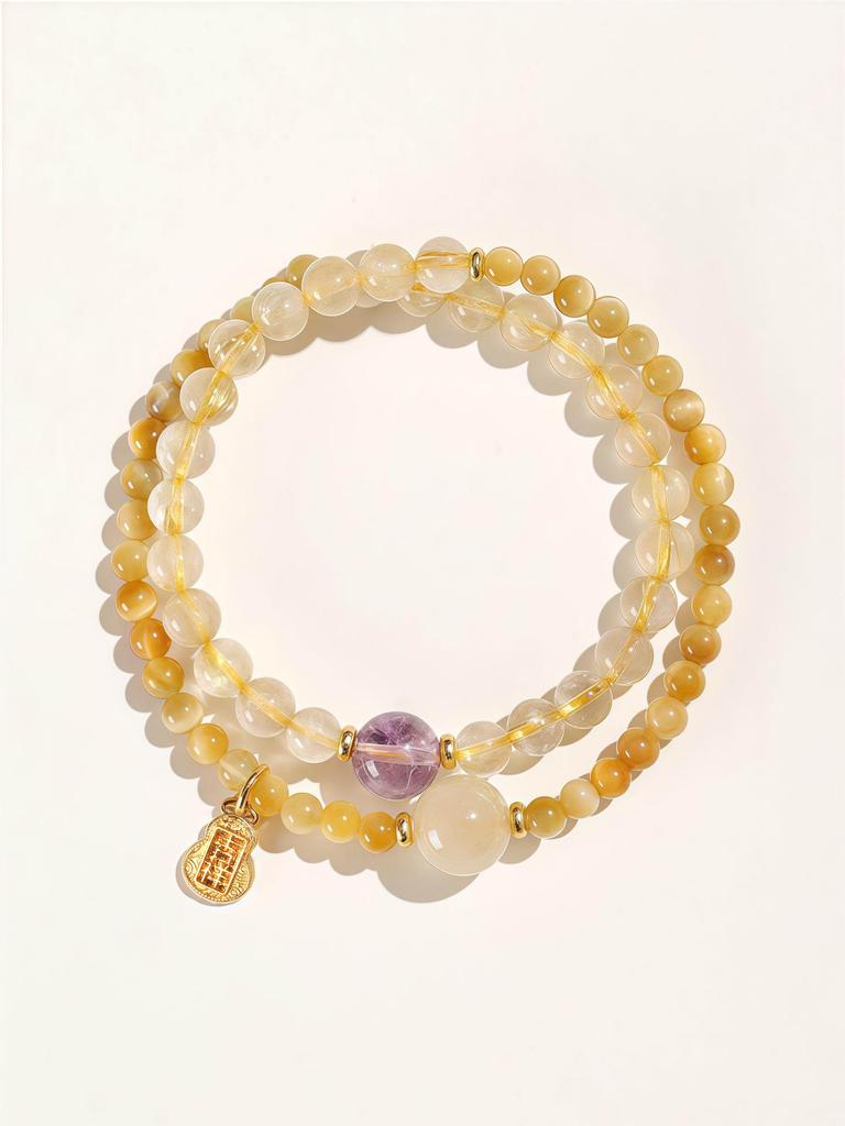 Gelber Rutilquarz & Amethyst Reichtum Anziehungs Armband - Goldenes Tigerauge, Glücksverstärkender Kristall Schmuck für Frauen