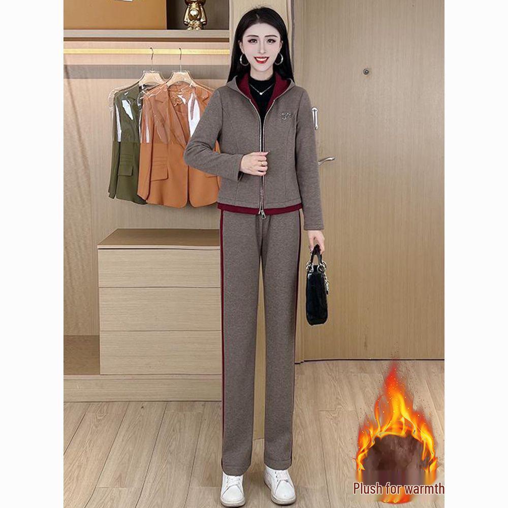 Trendigt sportklädesset för damer med fleecefoder: Varm kappa & Slimmande långbyxor för höst/vinter.