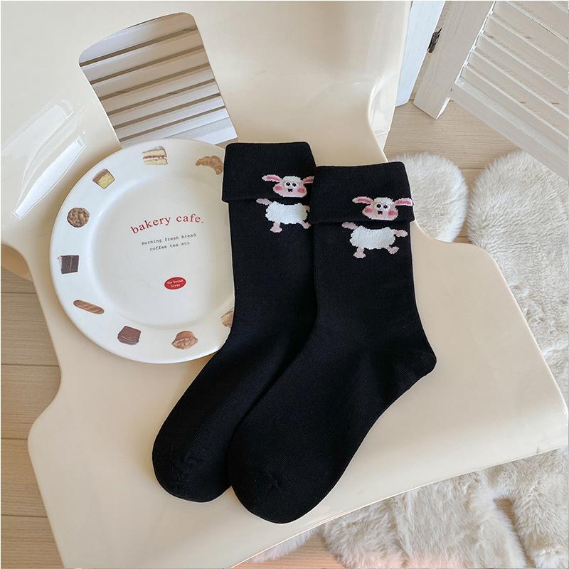 

Женские закатанные мультяшные носки до середины икры, Длинные носки до икры из чистого хлопка с влагоотводящим эффектом, Милые и симпатичные носки, Бесшовные махровые носки 1 pair чёрный