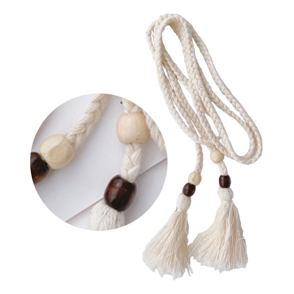 Handcraft Bohemian Cotton Rope Waist Belt for Women and Girl with Wood Beads and Tassels Perfect for Dresses and Skirt