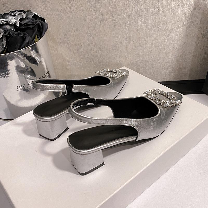 Rhinestone Baotou Summer New Square Head Back Empty Pedal Mary Jane Middle Heel Sandals