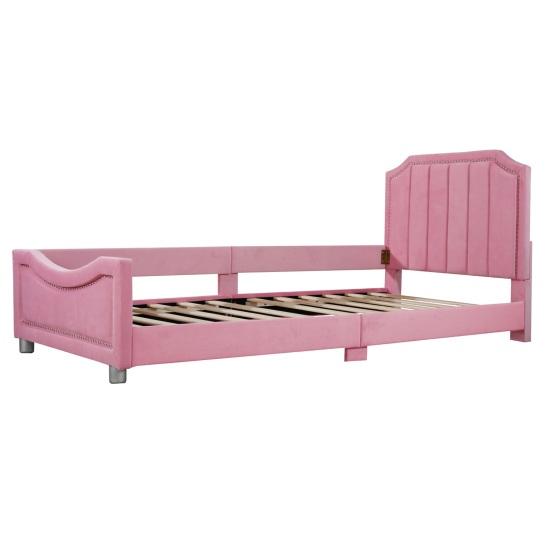 Teen Bed Children Bed, Upholstered 90x200cm Sofa Frame Flannel Multifunctional Soft with Backrest Armrest Parent-Child Youth Guest Pink
