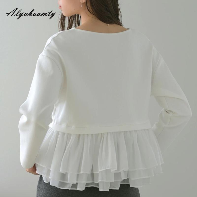 Korean Style Spring Autumn Women Hoodies O Neck White Gray Black Patchwork Mesh Ruffles Sweatshirt Casual Loose Ladies' Stylish Top