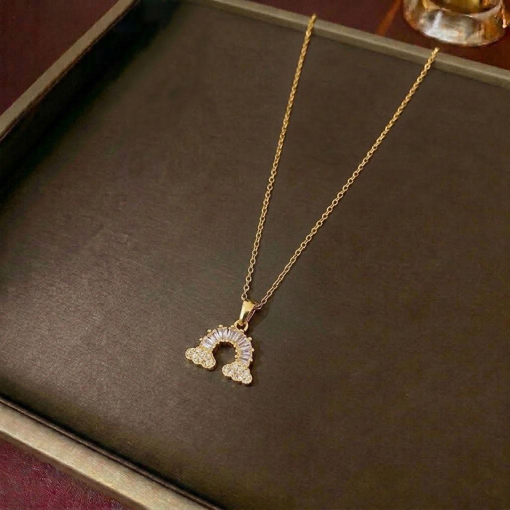 Women's Sweet Style Rainbow Diamond Pendant Necklace with Star & Moon Clavicle Chain