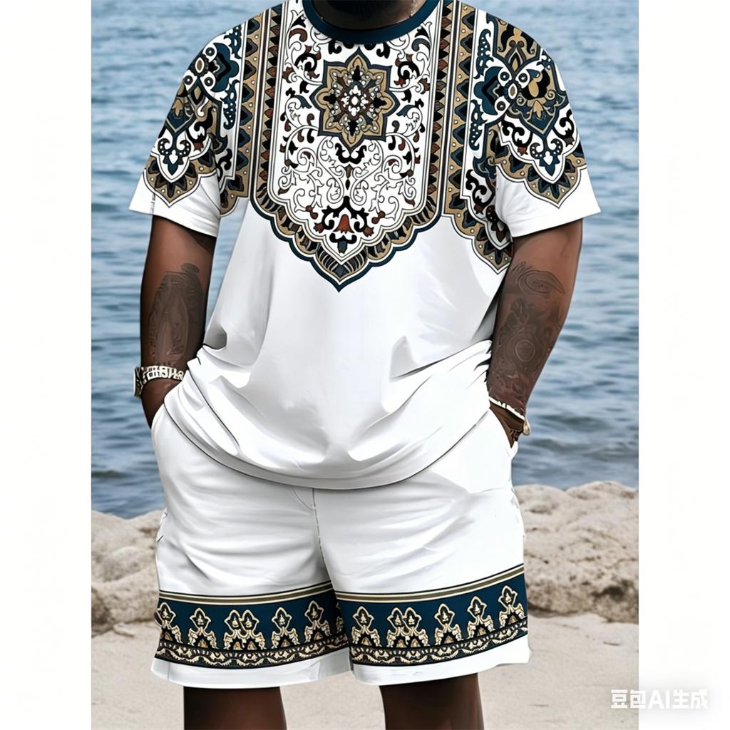 Men's Plus Size 3D Digital Print Short Sleeve Shorts Set, Ethnic Style, PLUS SIZE