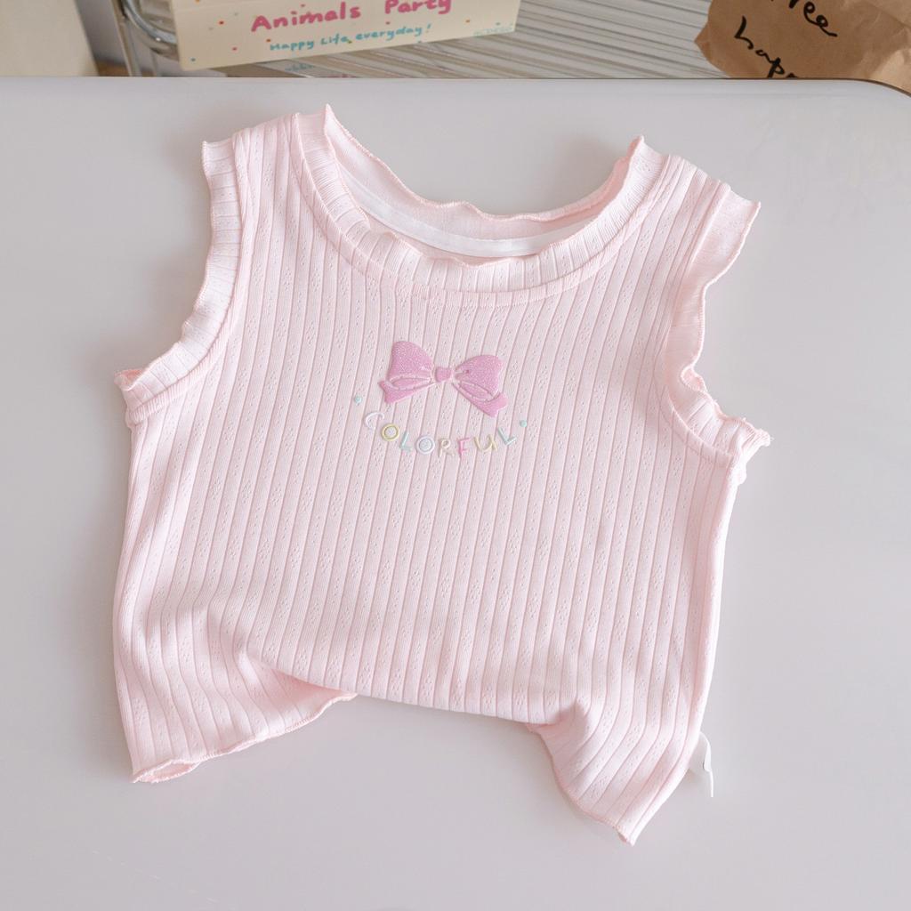 Girls Summer Cartoon Lace Bow Sleeveless T Shirt Candy Stylish Outer Wear Top For Kids