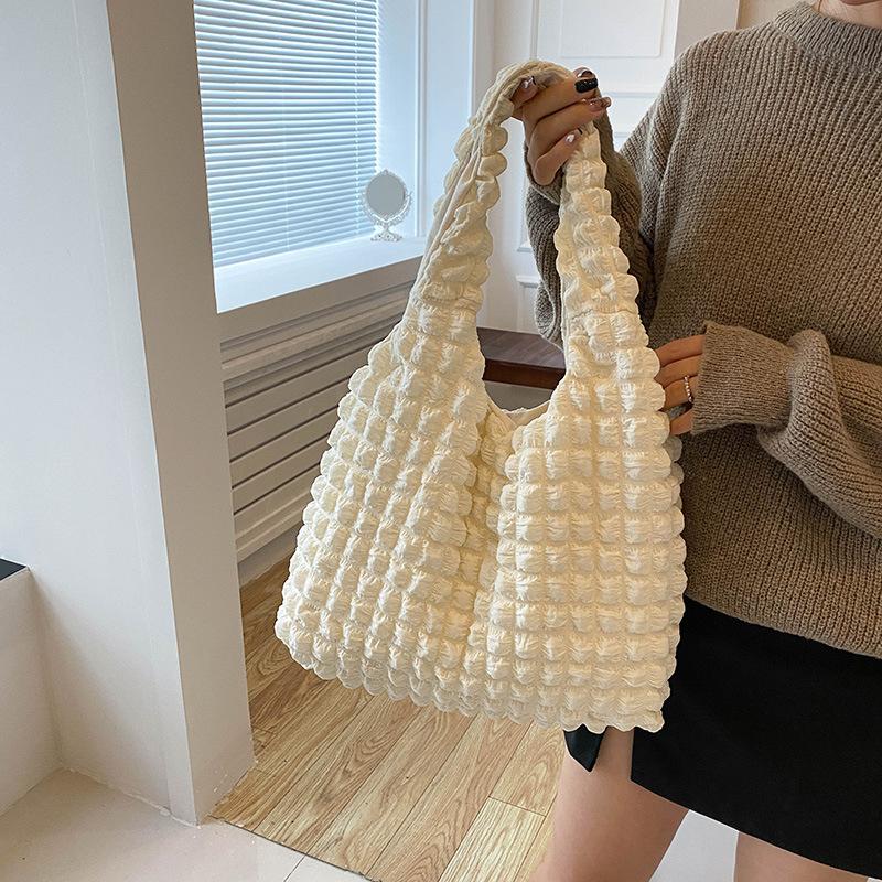 Wrinkle Design Nylon Bucket Bag Open Top Shoulder Crossbody Purse for Women