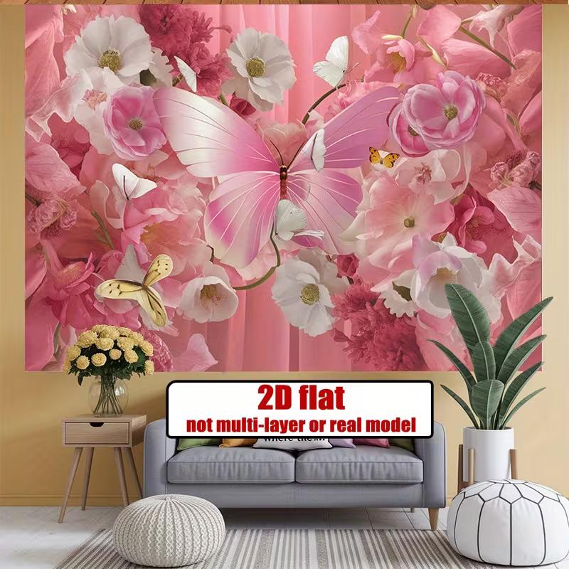 2D Romantic Pink Flower Wall with Large Butterfly Backdrop