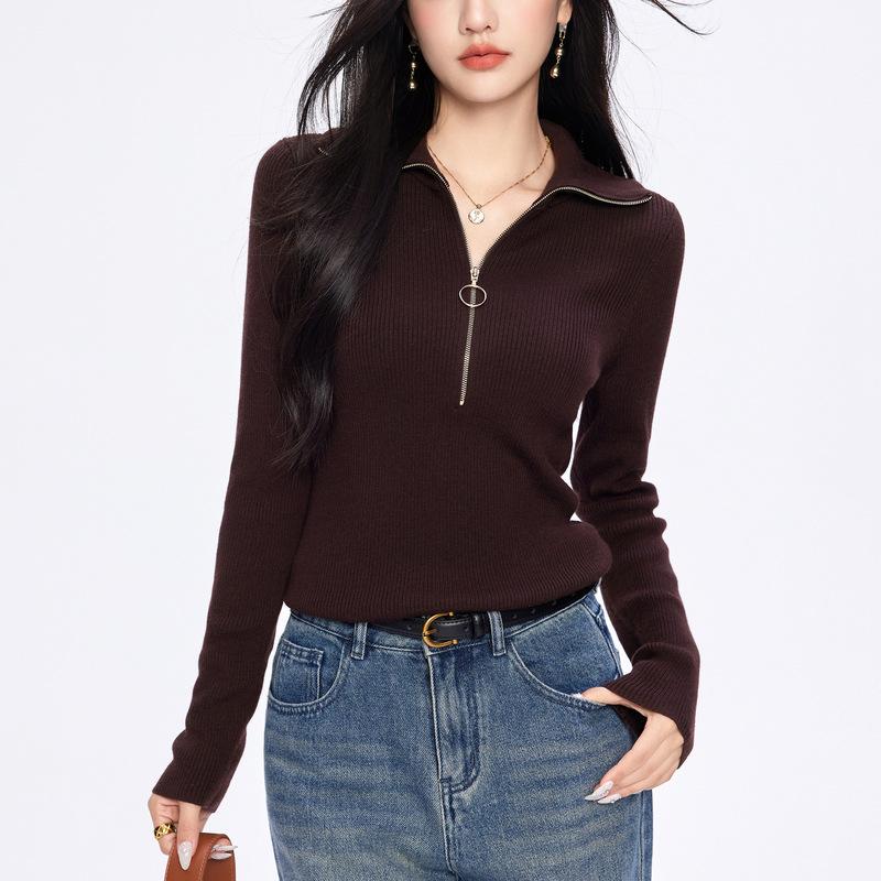 Lapel Knitted Sweater Women's Spring and Autumn Inner High-end New Semi-zipper Sweater Slim-fitting and Thin Bottoming Shirt