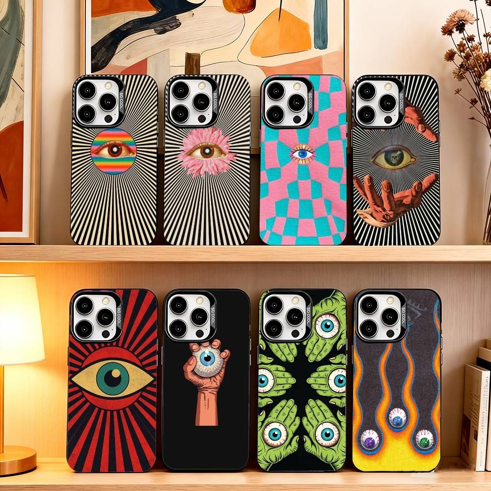 Big Eyes Trendy Print Lines Phone Case For iPhone 17,16,15,14,13,12,11 Plus,Pro Max,XS,Colored Silver Plated Inside Cover