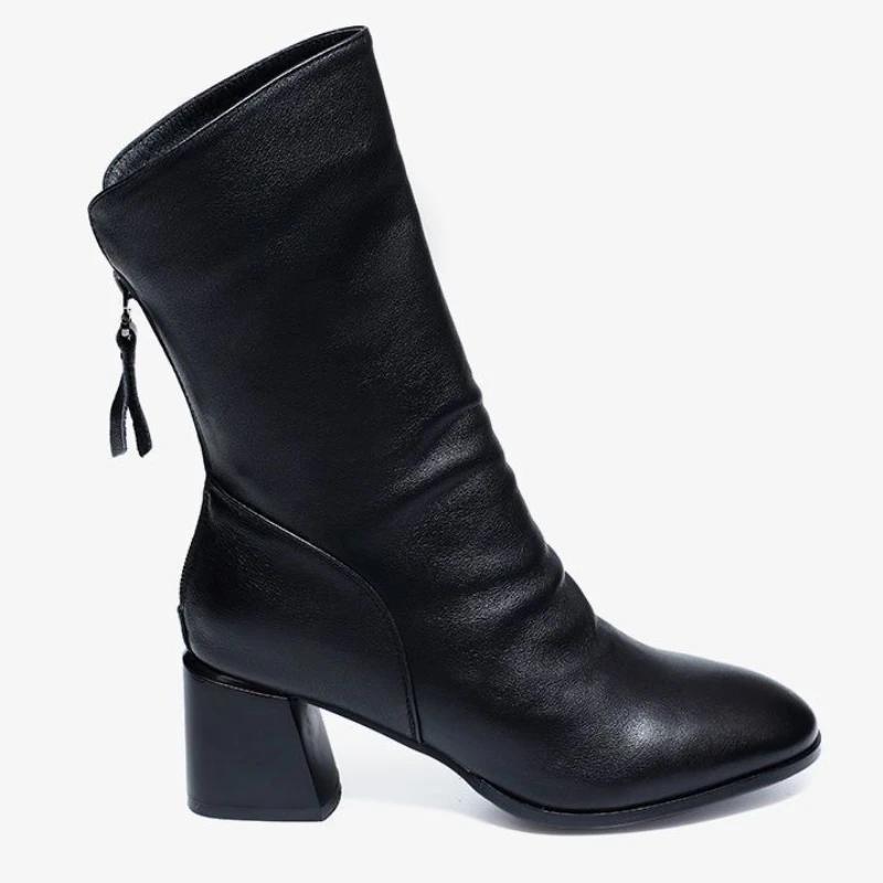 Fashion Leather Middle Heel Mid Calf Shoes Woman Winter 2025 Novelty Trend Demi-season Chic and Elegant Sale Half High Boots for Women