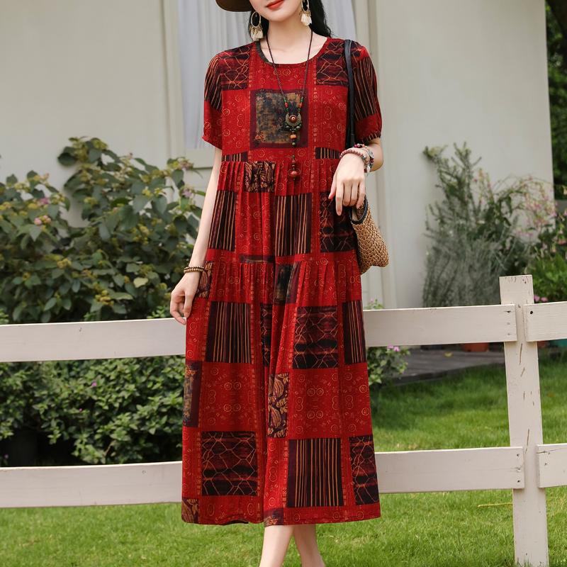 Women's Boho Print Maxi Dress, Loose Casual Short Sleeve Summer Dress (XL-5XL)