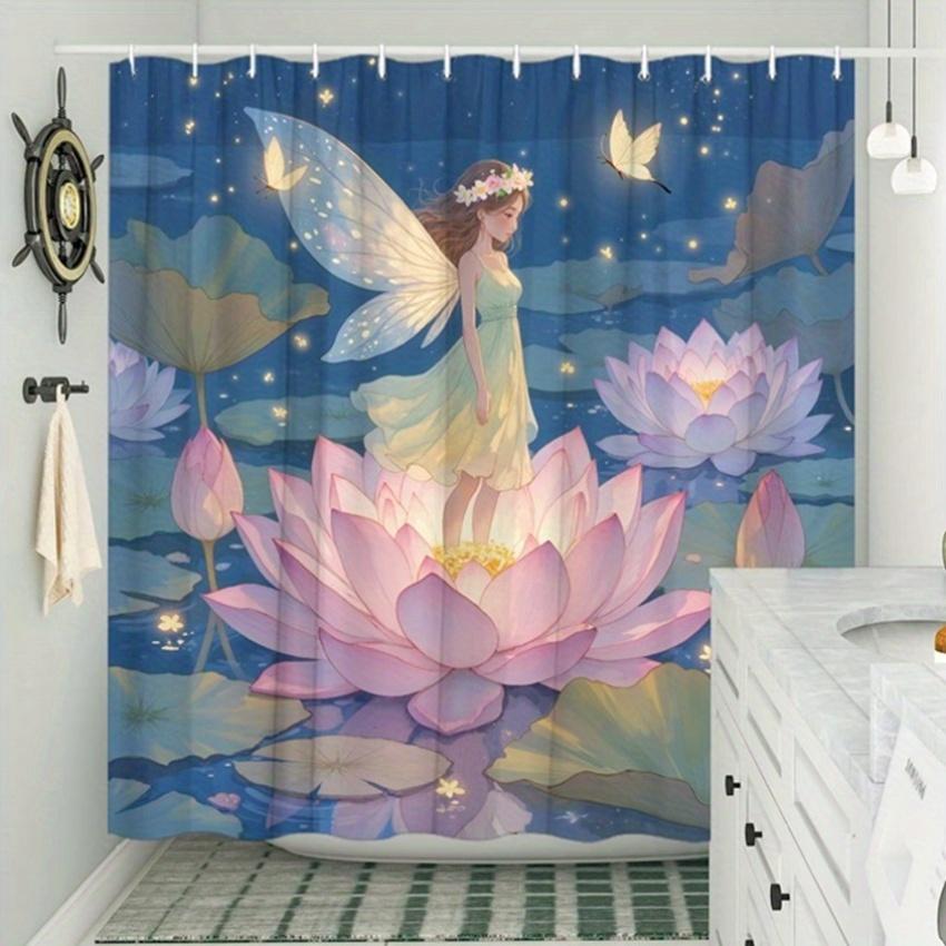 Fairy Water Lily Shower Curtain - Floral Crown, Glowing Fireflies & Butterflies, Includes 12 Hooks, Polyester, Bathtub Decor