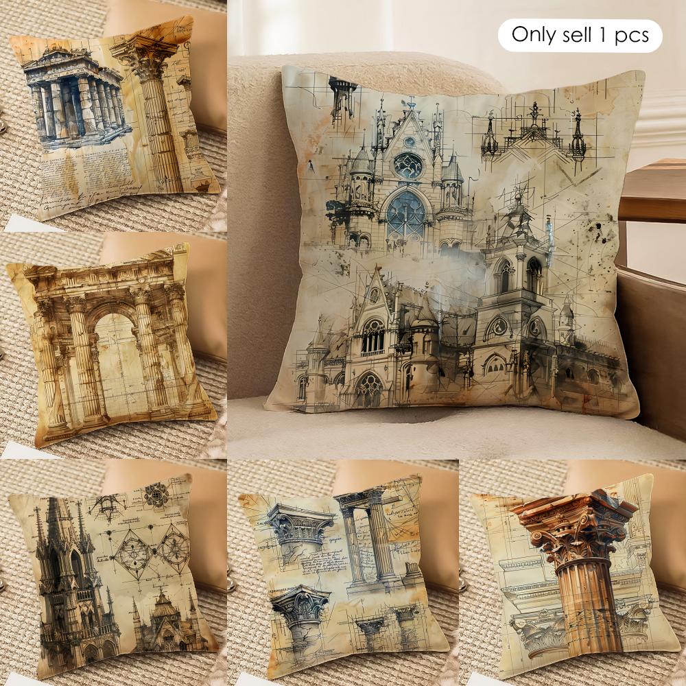 Retro Roman Architectural Cushion Cover Silky Short Plush Invisible Zipper Dustproof Sofa Pillow Case For Home Decor