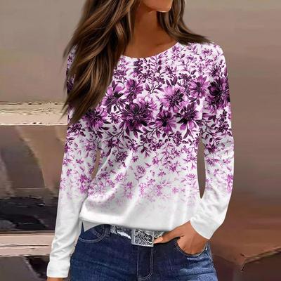 Camiseta de Mujer Estampado Floral Degradado Impresión 3D Moda Manga Larga Cuello Redondo Tops Regular Ropa de Vacaciones Fin de Semana Primavera y Otoño