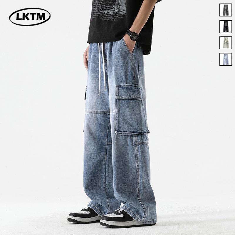 

LKTM Men s Japanese Retro Multi-Pocket Workwear Jeans - Loose Fit, Straight Wide-Leg Pants L (advised for 125-135 jin)