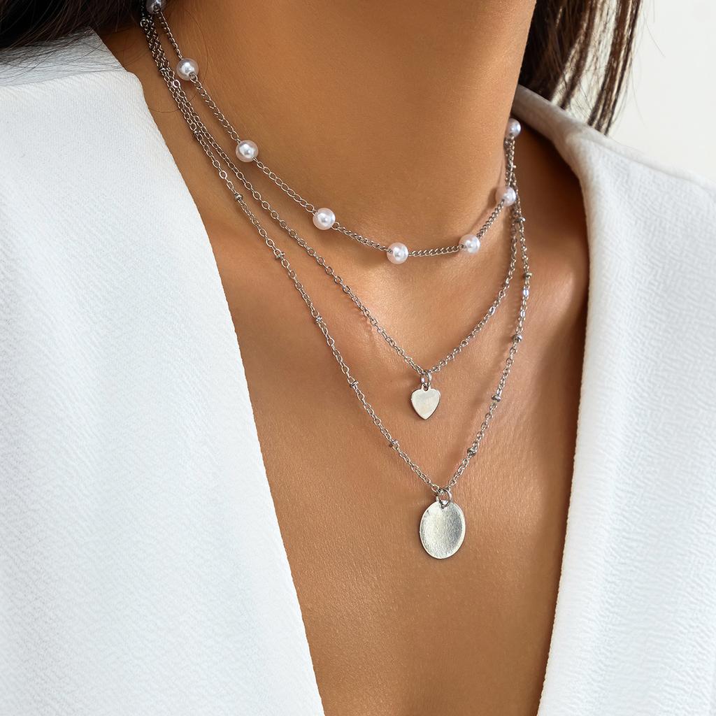 Thin chain multi-layer necklace set female, simple imitation pearl geometric disc, sweet and cold style item