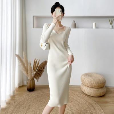 Pull-over en laine tricoté pour femme, robe enveloppée aux fesses, longueur moyenne et solide, automne et hiver