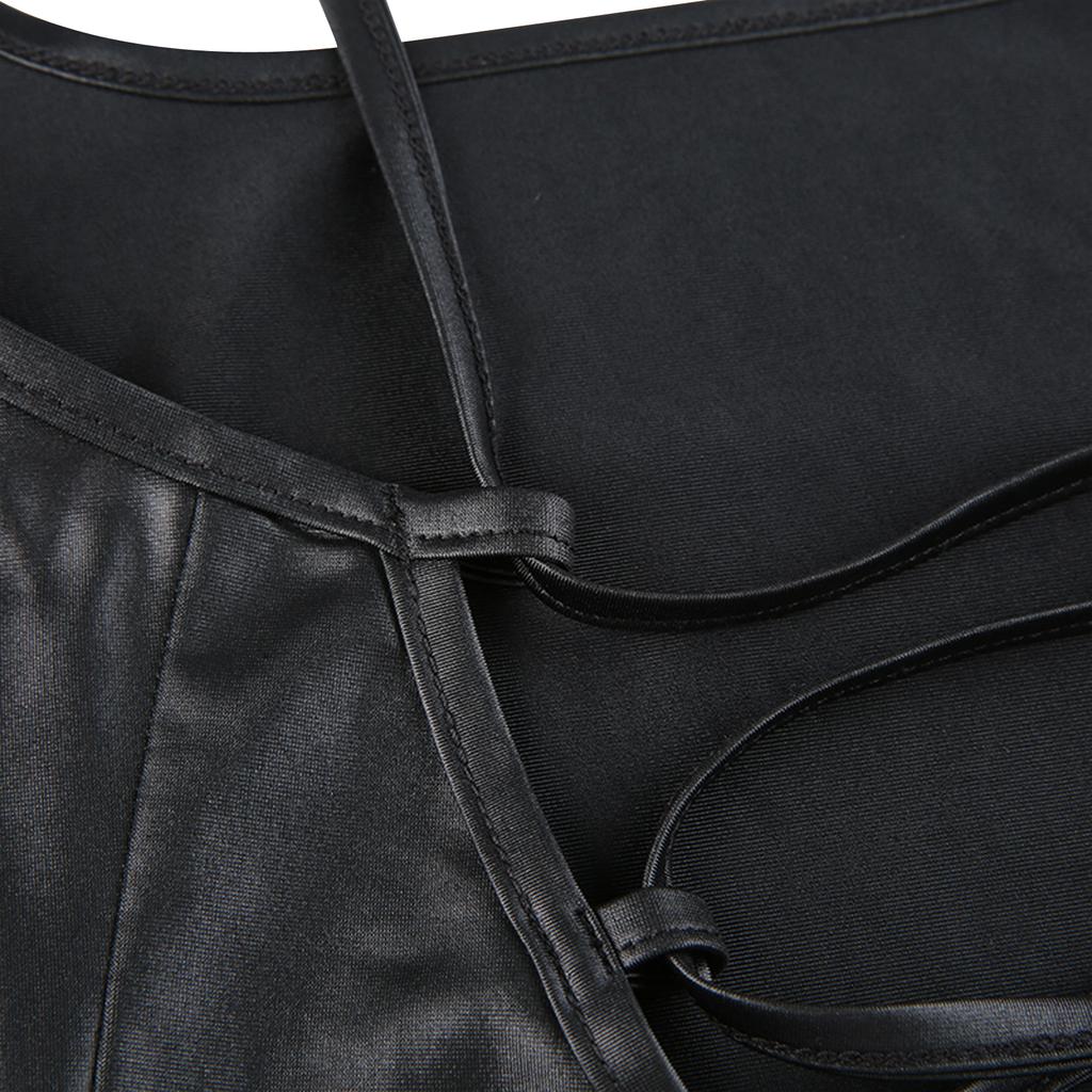 Women 's Sexy Suspender Mid-length Dress Fashion Solid Color Leather Bandage Backless Skinny Split Dress