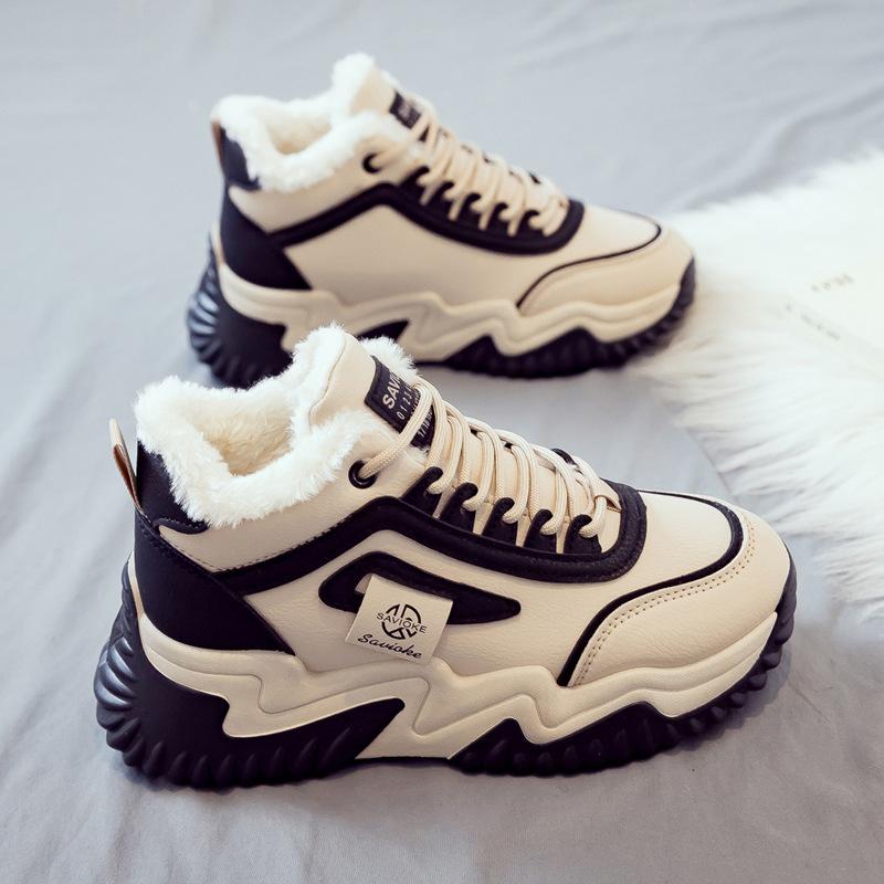 Fleece and thicker warm high-top cotton shoes for women's 2025 winter new versatile and popular student Xiaobai sports dad shoes