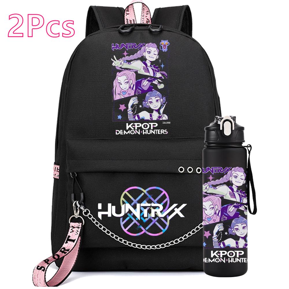 2Pcs/set Anime Cute Kpop Printed Backpack with 750Ml Water Bottler for Teenager Girl Boy Bookbag Kid Gift Large Capacity Travel Bag Rucksak