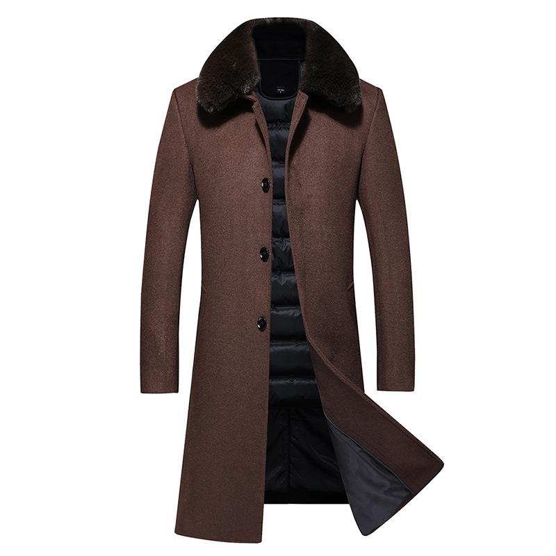 New Men's Down Woolen Coat Extended Fashion Casual Wool Coat Warm Thickened Men's Coat